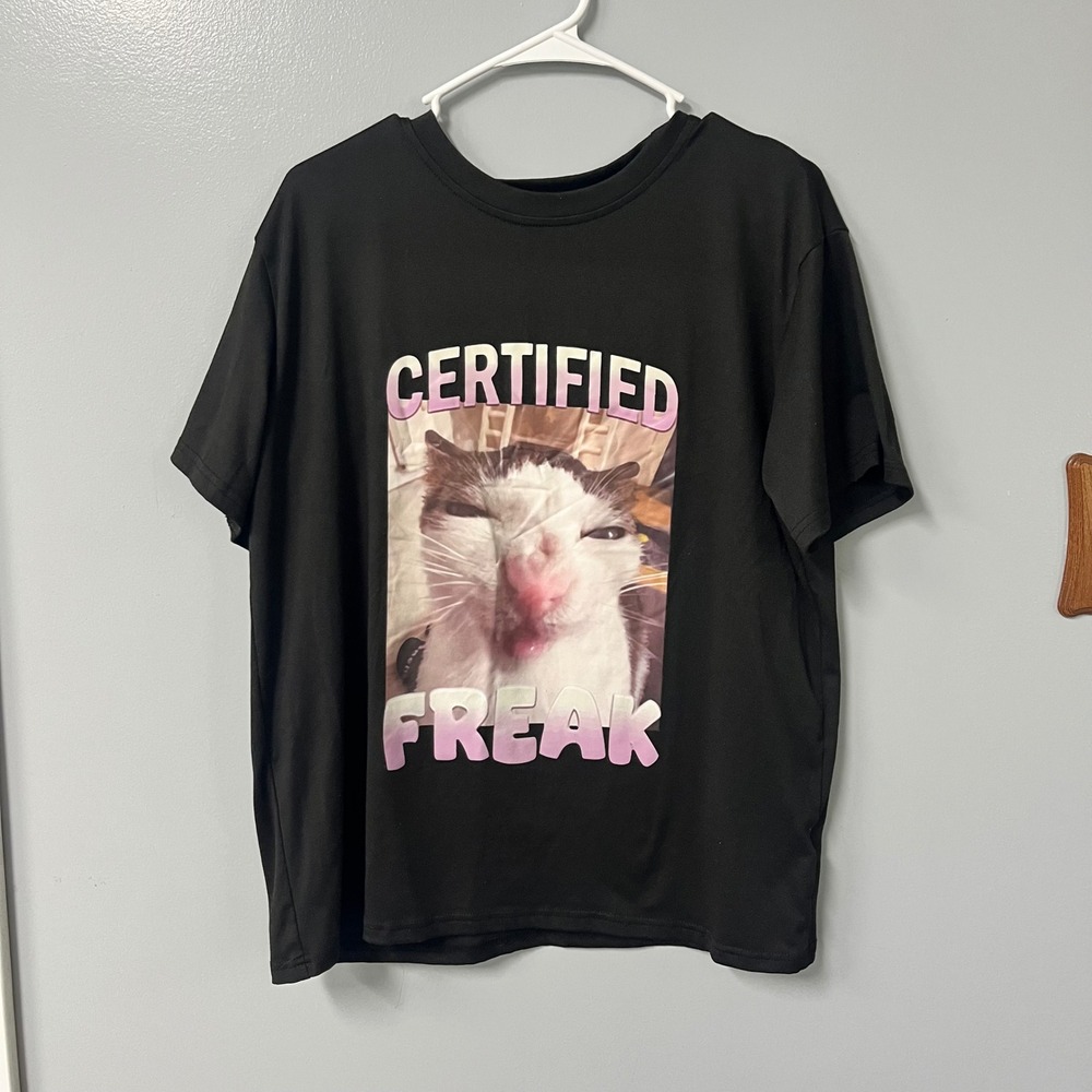 SHEIN Certified Freak Cat Graphic Tee Black XL Short Sleeve‎ Meme Shirt